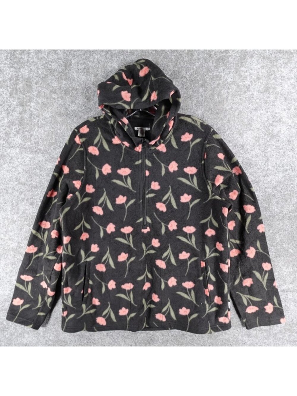 O'Neill Pullover Hoodie Womens M Black Fleece Pink Floral Leaf Classic Half-Zip
